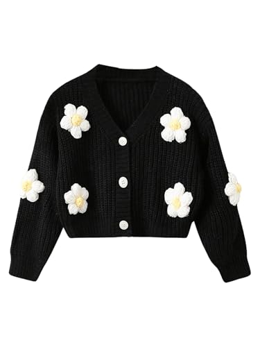 Verdusa Girl's Boho Floral Embroidery Cardigan Sweaters Button Up Knit Outerwear Fall Clothes