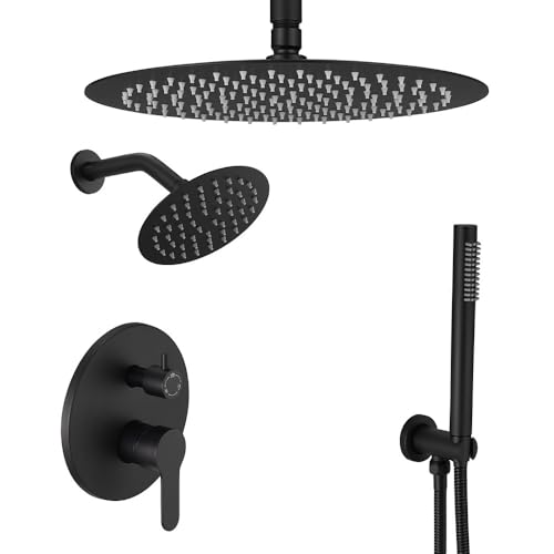 Kit de Ducha con Grifería, Sistema de Ducha en Negro Mate con Cabezal de Techo Redondo de 10 Pulgadas y Cabezal de Ducha de Pared de 6 Pulgadas miniatura 1