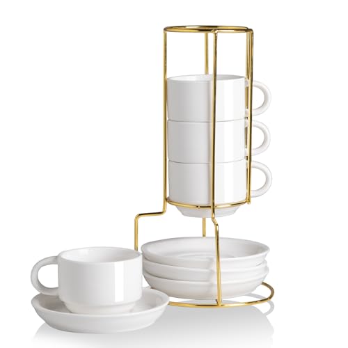 Sweejar Porcelain Espresso Cups with Saucers, 4 Ounce Stackable Cappuccino Cups with Metal Stand for Coffee Drinks, Latte, Tea - Set of 4 (White Gold Stand)