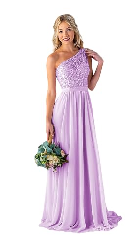 Image of LANGKAAO Women's One Shoulder Bridesmaid Dresses Long for Wedding with Pockets Lace Bodice A-Line Chiffon Formal Party Gown