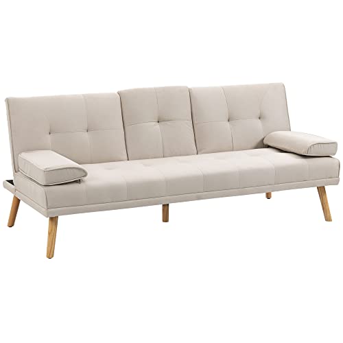 HOMCOM Canapé Convertible 3 Places Design scandinave Inclinaison Dossier réglable 3 Niveaux Dossier Centrale Rabattable 2 Porte-Verres Bois Massif Lin Beige