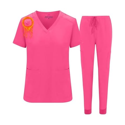 M&M SCRUBS Women's Essential Jogger Scrub Set Nursing Uniform Clearance Cool Stretch Scrub Top and Pant Workwear (Hot Pink, Small) Cover