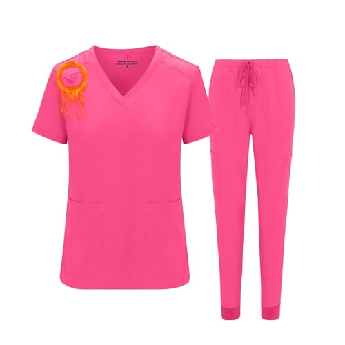 M&M SCRUBS Women's Essential Jogger Scrub Set Nursing Uniform Clearance Cool Stretch Scrub Top and Pant Workwear (Hot Pink, Medium)