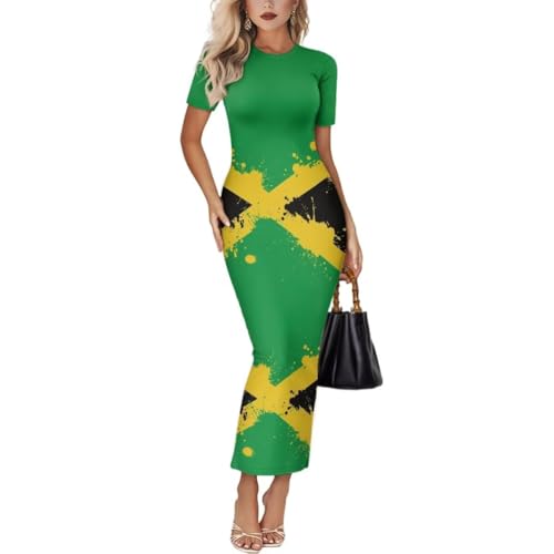 Image of Womens Short Sleeve Jamaican Flag Midi Bodycon Dress