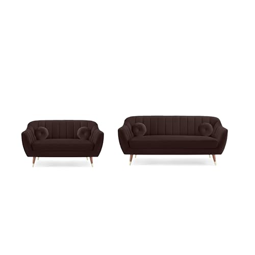 Image of AMATA Marino Solid Wood 3+2 Seater Brown Suede Velvet Fabric Sofa Set with Two Cushions Perfect for Home Office Guests Living Room (04 Brown, 3+2 Seater)(03 Year Warranty)