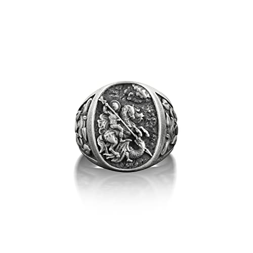 Bysilverstone Jewelry St Michael Oval Signet Ring Men, Archangel Saint Michael With Floral Ornament Ring, Christian Ring For Family, Religious Ring For Husband #TOP10
