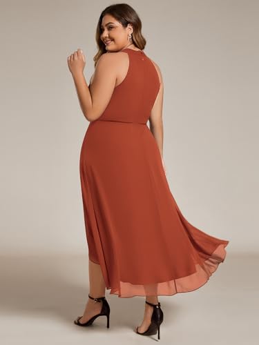 Image of Ever-Pretty Plus Women's Sleeveless Halter A Line Pleated High Low Plus Size Wedding Guest Cocktail Dresses 31926-DA