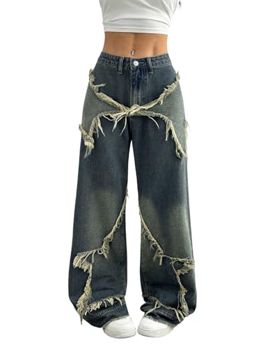 Urchics Womens Casual Pants Fashionable Distressed Wide Leg Jeans with Star Applique