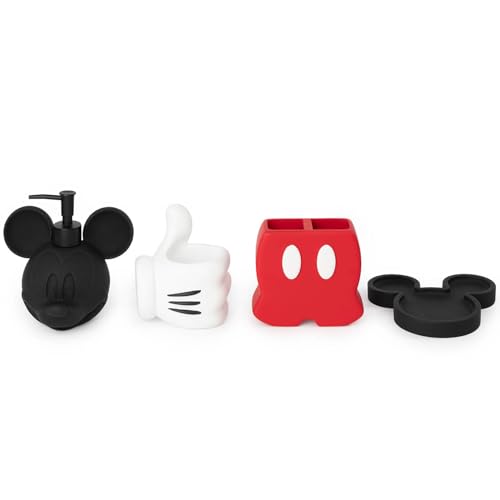 Jay Franco Disney Mickey Mouse Bathroom Organizer Set - 4 Piece Red Black and White Accessories Includes Resin Soap Dispenser Soap Dish Toothbrush Holder and Tumbler - Bathroom Dcor