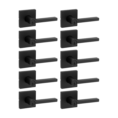 Image of Kwikset Halifax Entry Door Handle with Lock and Key, Secure Keyed Reversible Lever Exterior, for Front Entrance and Bedrooms, Matte Black, 10 Pack, Pick Resistant SmartKey Rekey Security and Microban
