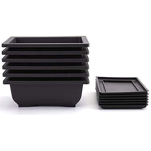 Bmocoen 6 Piece Bonsai Pots - Deep Wet Tray with Built-in Net for Plants, Flowers, Herbs, Square Plastic Pots Cover