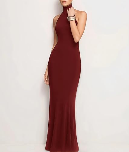 Image of Women's Sleeveless Summer Sexy Backless Maxi Dresses Bodycon Dresses Elegant Halter Turtle Fishtail Gown