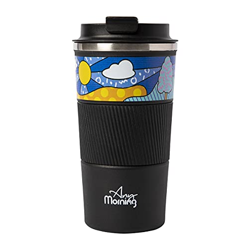 Any Morning Taza de café de viaje de acero inoxidable, vaso de café con tapa, taza de viaje aislada al vacío de doble pared, a prueba de fugas y derrames, vasos para bebidas frías y calientes, 500 ml