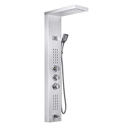 Columna de ducha moderna para baño de acero inoxidable con mango, ducha de mano, surtidor de bañera y sistema de masaje, acabado cromado miniatura 1