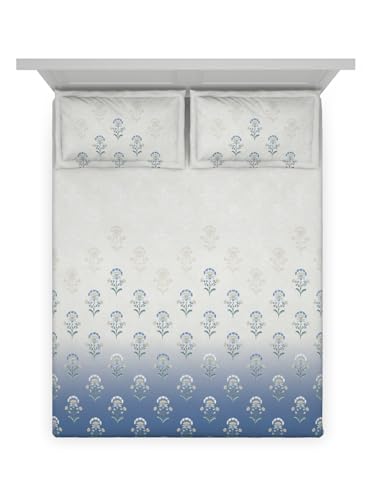 Image of DDECOR Live beautiful Cotton Queen Bed Sheet Set with 2 Pillow Covers (229 CM X 274 CM, Blue) Digital Print Global Ethnic 145TC GSM