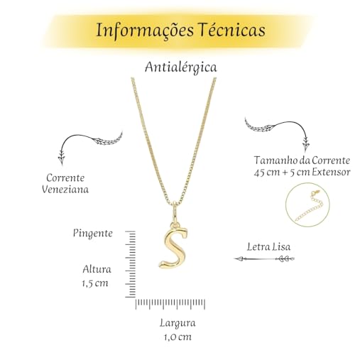Colar Letra Inicial Nome Lisa Semi Joias Banhado Ouro 18k (S)