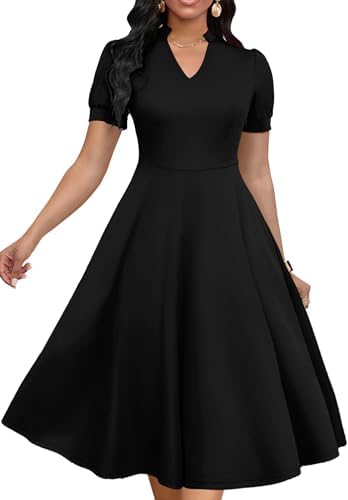 women's a line holiday dress MarryUP Womens Black Short Puff Sleeve V Neck Casual Semi-Formal Cocktail Party A-Line Dress Black M : Buy Online at Best Price in KSA and a flowy a Daydream 20 Nostalgic Y2K Trends Size:16 1/2 x 36