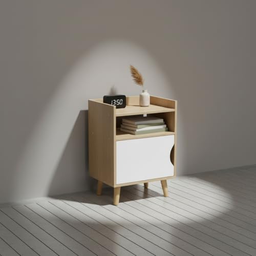 INDE MOBLEKIT | Mesita Auxiliar Alta con Puerta Blanca y Estante Abierto, 40x30x55 cm, Mueble Estilo Nórdico para Dormitorio o Salón, Mesilla de Noche Madera Compacta, Mesa de Cabecera