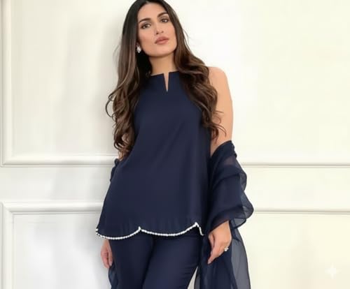 Image of Women's Teal Chiffon Kurta with Dupatta and Palazzo Pants, 3-Piece Ethnic Suit Set