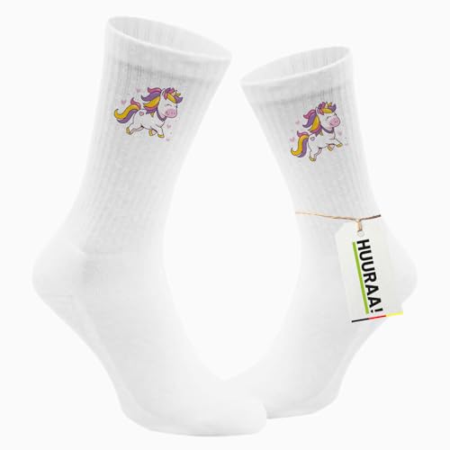 Huuraa Unisex Socken Einhorn Comic 42/46 White Baumwolle Tennissocken Geschenkidee