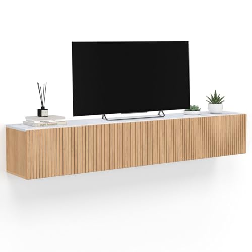 IDMarket   Mueble de TV de 180 cm con placa Juliette en aspecto de mármol, listones de madera en color roble