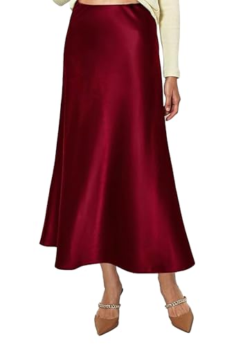 Vossmi Saia de Cetim para Mulher Cintura Alta Elástica Midi Saia Casual A-Linha com Fecho de Correr Elegante Longa Saias de Seda Maxi Plissada Saias Festa Cetim Outono, Borgonha, L
