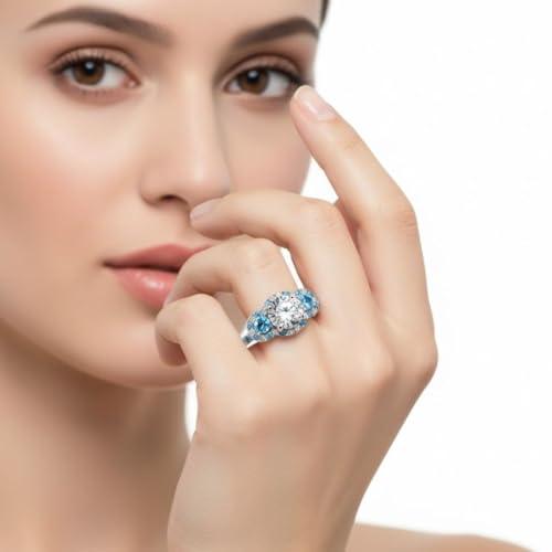 Image of 55Carat Choose Your Gemstone Delicate 3 Stone Halo Diamond CZ Ring Sterling Silver Round Shape Halo Engagement Rings Everyday Jewelry Wedding Jewelry Handmade Gifts for Wife US Size 4 to 12