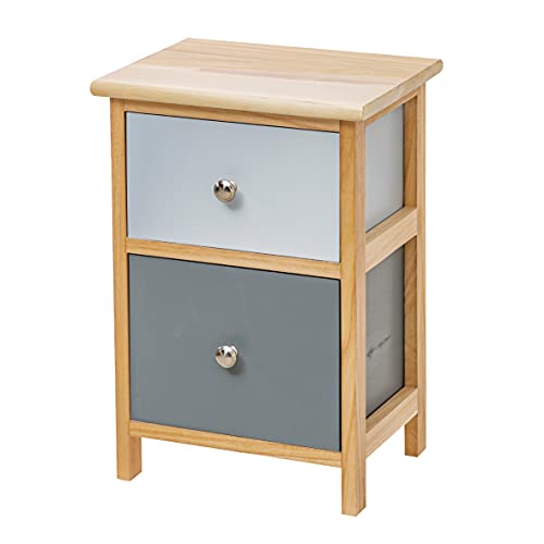Baroni Home Comodino, Mobiletto da Soggiorno, Salotto, Camera da Letto, Cameretta, Bagno, Mobiletto Multiuso, Colore Legno Naturale con 2 Cassetti Azzurro Chiaro e Scuro Misure 30X24X43 cm