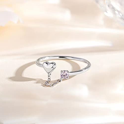Tiny Love Heart with Chain Adjustable Open Ring for Women 925 Sterling Silver Expandable Small Finger Knuckle Pinky Ring Promise Eternity Stacking Ring for Her Birthday Wedding Gifts3