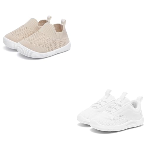 MORENDL 0-4 Years Toddler Shoes Baby Walking Shoes 2 Pairs of White/Khaki 8Toddler