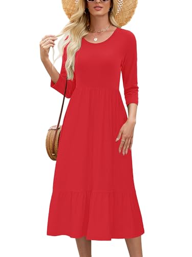 Image of Heymoments Women's Casual 3 /4 Sleeve Midi Dress Crewneck A Line Tiered Flowy Loose Travel Long Dresses with Pockets