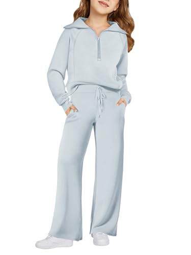 Haloumoning Girls 2 Piece Outfits Sweatsuit Half Zip Long Sleeve Sweatshirts Sweatpants Tracksuit Sets 5-14 years