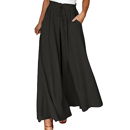 MEIYOUMK Damen Breites Bein Hose Sommer Hohe Waist Plissee Hosen Elegante Einfarbig Leicht Hosenrock Sommerhose mit Tasche Freizeithose Weitem Bein Yoga Hose Hippie Hose Palazzo Hose