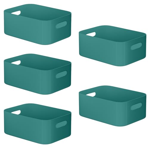 W&H 5 PCS Plastic Storage Boxes with Handle, Medium Plastic Storage Baskets, Rectangular Home & Kitchen Organiser, Storage Boxes for Bathroom, Kitchen, Office and School - 25×17×10cm (Green)