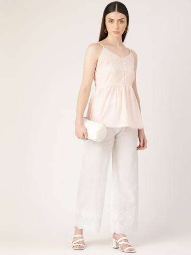 Image of feranoid White Chicken Embroidred Cotton Regular Fit Palazzo