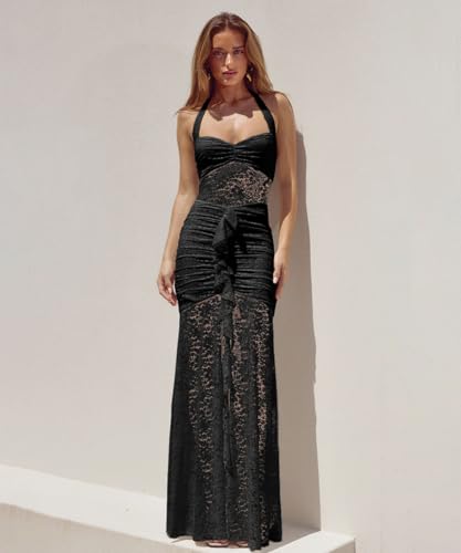 Image of ABINGOO Womens Sexy Halter Backless Maxi Dress Lace Ruched High Slit Summer Dresses Party Cocktail Prom Long Dress
