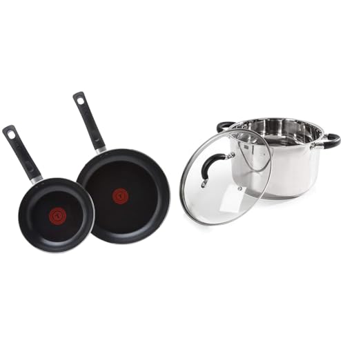 Tefal Taste Twin Pack, Aluminium Frying Pans, Pan Set, Pans 20 cm and 28 cm diameter, Non-Stick, Black, Pack of 2, B189S244 & Tower T80837 Casserole Dish, 24cm- Stainless Steel, Silver