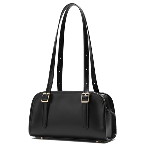 Keyli Bolsa de ombro feminina moderna com fecho de zíper de couro com alça ajustável, Preto