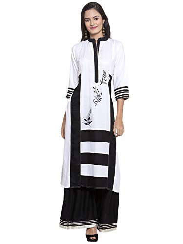Aujjessa Women's Rayon Printed Kurta with Sharara Set (Black::White)