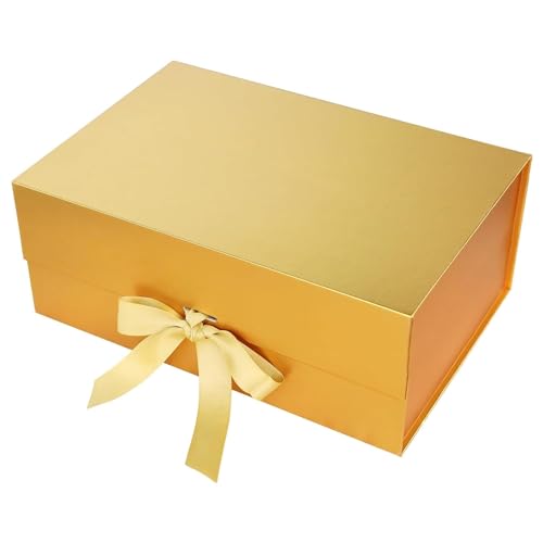 Image of Awestuffs Premium Golden Gift Boxes for Gift Packaging, Reusable Decorative Gift Boxes (23 x 16 x 10 cm) for Hampers, Weddings, Birthdays, Festivals & Corporate Gifts (Pack of 1)