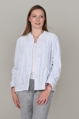 LA CERA Women's Fleece Rose Sculptured Bed Jacket with Mandarin Collar, Long Sleeves, Front Pockets & Button Closure4
