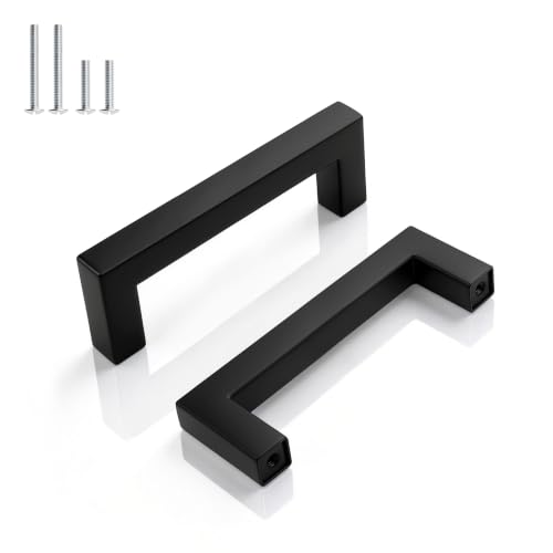 Gobrico 10 Pack 3-1/2 inch (90mm) Hole Centers Cabinet Handles, Black Cabinet Pulls, Stainless Steel Square Kitchen Cabinet Handle, 4'' Overall Length Drawer Pull