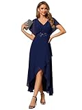 Ever-Pretty Women's Elegant Chiffon Formal Dress A Line Deep V Neck High Low Wedding Guest Dress Navy Blue US12