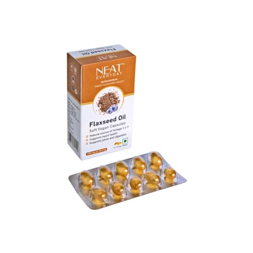 NEAT EVERYDAY Cold Pressed Flaxseed Oil Soft gel Capsules Blister 1000mg Per 2 Cap | Omega 3 Flaxseed oil Vegetarian Capsules Support Heart, Joint & Skin | No Fish Oil | Gluten Free (30 capsule)