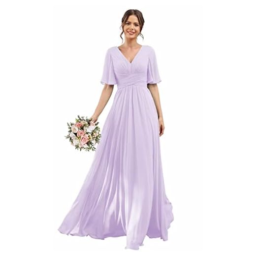 Elegant V-Neck Bridesmaid Dresses with Slit Lilac Short Sleeves Chiffon Formal Party Gowns Long for Women with Pockets US6