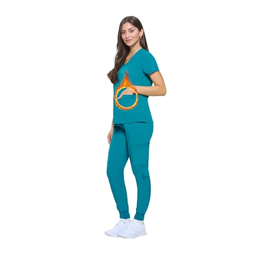 ACTIVE UNIFORMS Women's Essential Scrub Set Cool Stretch Jogger Scrub Top and Pant Nursing Uniform Clearance Workwear (Teal, X-Large)