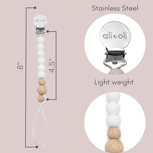 Image of Ali+Oli Silicone Pacifier Clip for Baby (White Wood) 100% Food-Grade BPA Free Newborn Pacifier Holder Infant Binky Clip for Baby Boy or Girl | Food-grade material, Keeps soothers within reach, Secure attachment, Lightweight, Everyday use, Easy cleaning