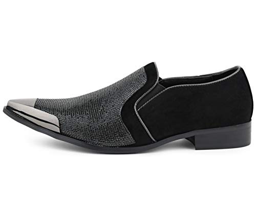 Bolano x Amali Men's Dress Loafers with Rhinestones, Slip-On, Tuxedo Loafer Shoes for Men, Pointed Toe with Metal Tip, Size Up3