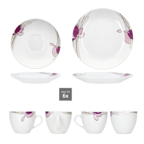 MamboCat Viola 18tlg Kaffeeservice I weißes Porzellan-Geschirr mit Blumen-Dekor für 6 Personen I Je 6x Tassen 170ml, Untertassen & Teller für Frühstück & Kaffee