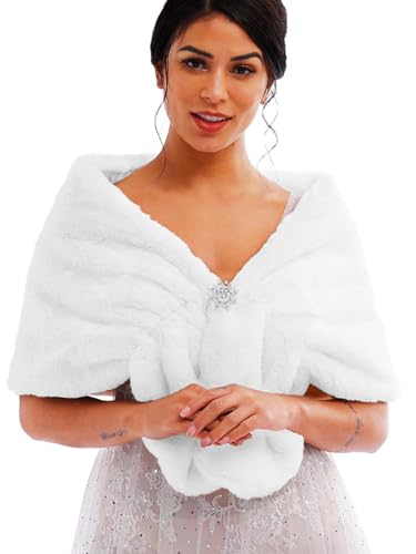 Women’s Wedding Faux Fur Shawl and Wraps Bridal Faux Fur Stole Cape Winter Fur Scarf for Bride and Bridesmaids